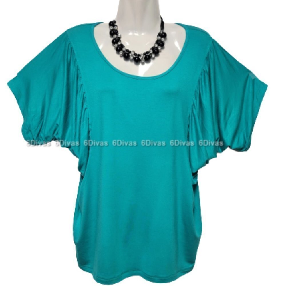 Womens Cotton Top, Short Sleeve Turquoise Top, Batwing Sleeve Top - M, XL- NEW